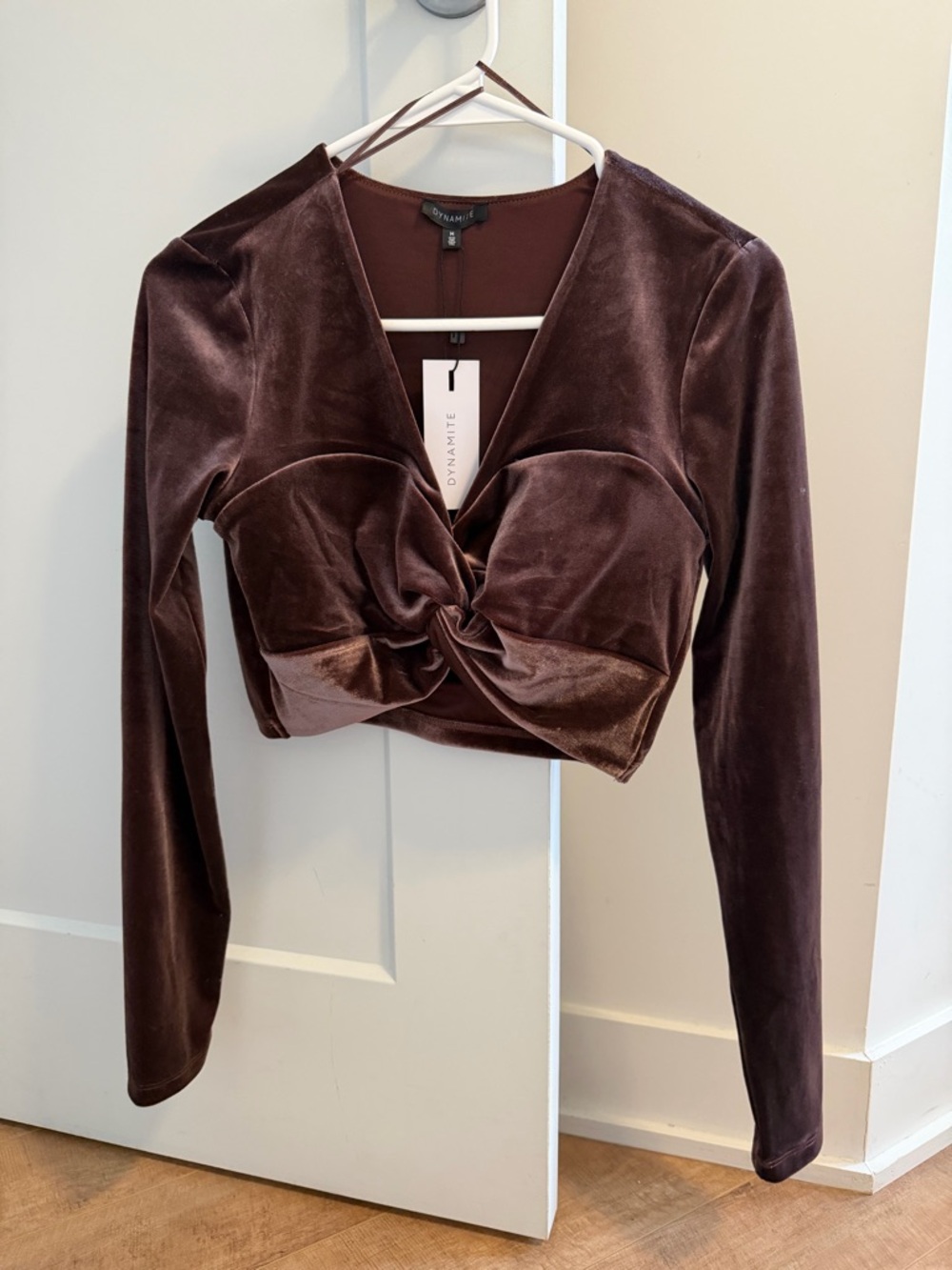 Dynamite Dark Brown Velvet Twist-Front Long Sleeve Crop Top